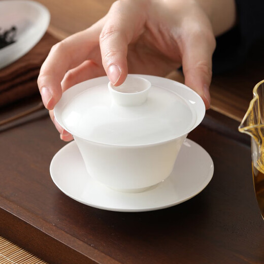 Yipin Workshop Chaozhou Bone China Thin Body Sancai Covered Bowl Small Tea Cup Kung Fu Tea Set High-end Tea Bowl with Lid Elegant High Bone China Thin Body Covered Bowl + 3 Bone China Taste Cups