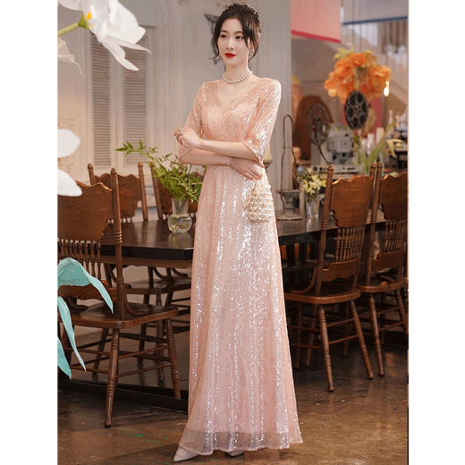Seidler high-end evening dress 2024 new slim temperament sequin host performance banquet annual meeting nude pink L (recommended 106-115 Jin [Jin equals 0.5 kg])