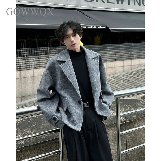 GQWWQXcleanfit silhouette short woolen coat for men and women in autumn and winter British style woolen suit jacket handsome gray M