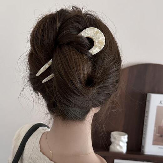 Mengkeduo acetic acid U-shaped hairpin for women, retro ball headband, hairpin, Chinese-style high-end elegant daily hairpin, U-shaped hairpin (off-white)