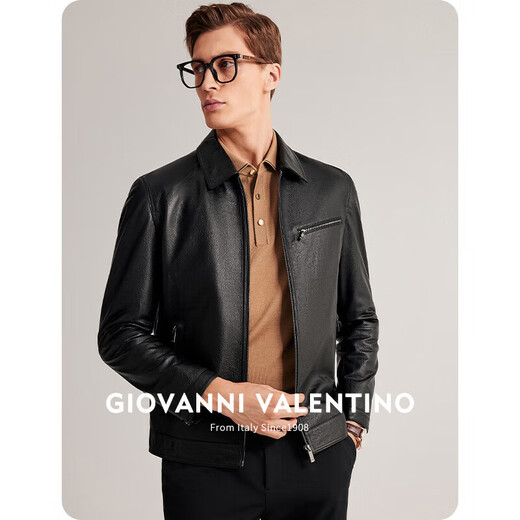卓凡尼·华伦天奴（GIOVANNI VALENTINO）休闲男士真皮皮衣外套头层牛皮翻领夹克 黑色 2X（185/104A）