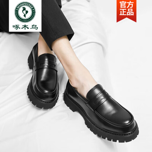 啄木鸟一脚蹬男士乐福鞋2025年新款男鞋增高厚底亮面潮流皮鞋懒人豆豆鞋 3519黑色-内增高6厘米高质版 40