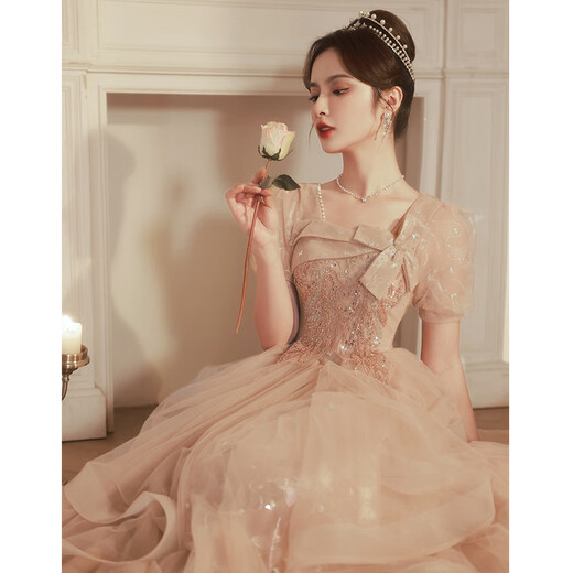 Fuyihao adult dress for women 18-girl dress for students puffy skirt 2025 new banquet temperament light luxury niche high-end design khaki long (champagne color) M