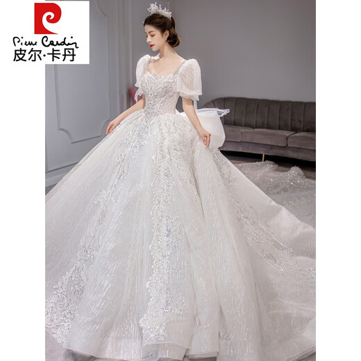 Pierre cardin wedding dress 2024 new style bride main yarn texture large tail pregnant women French light girl small winter single piece white wedding dress XS weight 80 Jin [Jin equals 0.5 kg]
