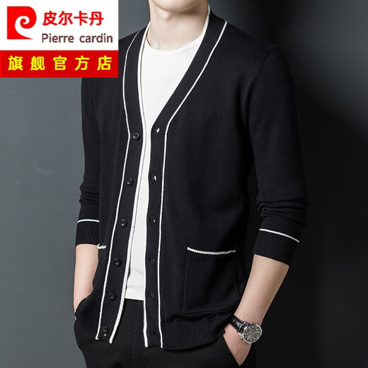 Pierre Cardin 2025 men's sweater cardigan short spring and autumn new casual solid color wool knitted jacket top for young and middle-aged people 82607 black L 175