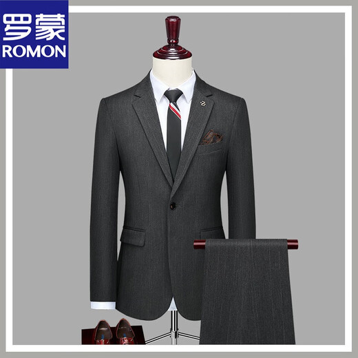ROMON haute couture suit men's slim and handsome groom's dress formal British style suit three-piece suit black gray two-piece suit 2XL