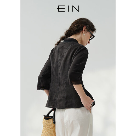 EIN Yan Jing Luxe Light Comfort Mist Three-dimensional Cutting Retro Lace Splicing Ramie Top Shirt Women's Spring and Summer New Graphite Black M