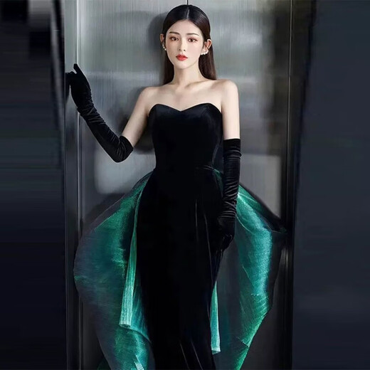 RONGXITU black velvet tube top fishtail evening dress skirt birthday performance host annual meeting long picture color S (15 days pre-sale)
