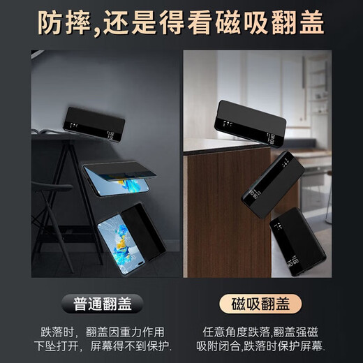 梦琪 华为mate40pro手机壳防摔保护套mate40手机壳翻盖真皮智能视窗全包磁吸皮套商务款 Mate40Pro/40e pro通用【玄黑色】 升级磁吸款丨头层牛皮