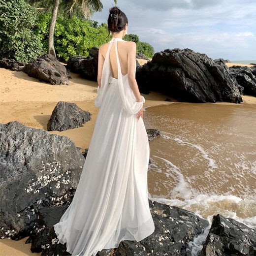 姿三彩晨袍女新娘订婚敬酒礼服性感挂脖海边拍照轻婚纱连衣裙 红色 L