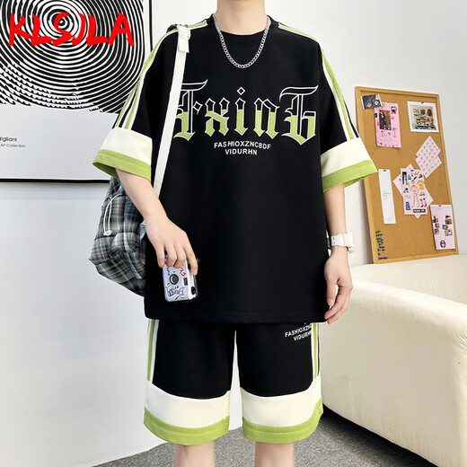 Klsjla Casual Suit Men's Summer Trendy Brand Ice Silk Sports Short à manches à manches Men de Men un ensemble avec de beaux adolescents DT681 Black Suit XL 180 (environ 145-160jin [Jin est égal à 0,5 kg] peut être usé)