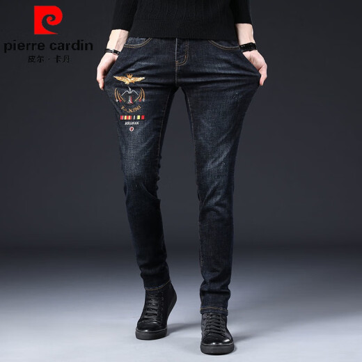 皮尔卡丹（pierre cardin）香港男士针织牛仔裤春秋冬新款时尚刺绣花弹力修身休闲百搭小脚裤 浅灰色6628 32 (2尺5)
