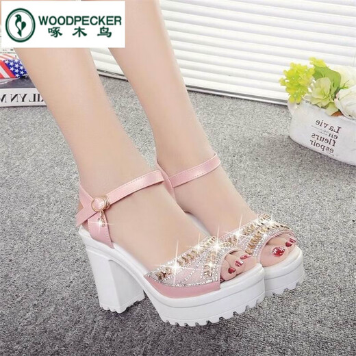 
Woodpecker 2025 new rhinestone fish-mouth shoes for women summer thick sole sponge cake Korean version waterproof platform high heel one-line buckle thick heel sandals blue upgraded version 37
