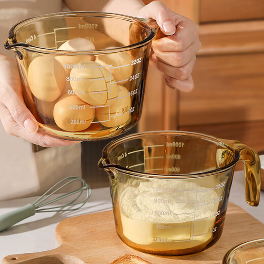 Jiaqi glass measuring cup with scale, high temperature resistant kitchen special baking tool, food-grade egg-beating cup, milk glass, amber 500+1000ml+silica gel, oil brush+scraper