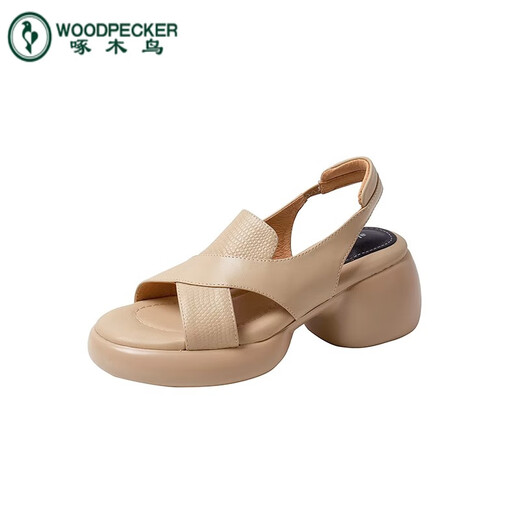 
Woodpecker shit-striped open-toed Roman sandals for women in summer thick sole sponge cake women's shoes fishmouth shoes French thick heels high heels apricot color [upgraded version] 35