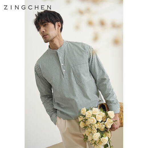 ZINGCHEN Atmospheric Wear ZINGCHEN Henry Collar Profile Striped Shirt Men's Casual Cotton Long-Sleeved Shirt Green Striped M