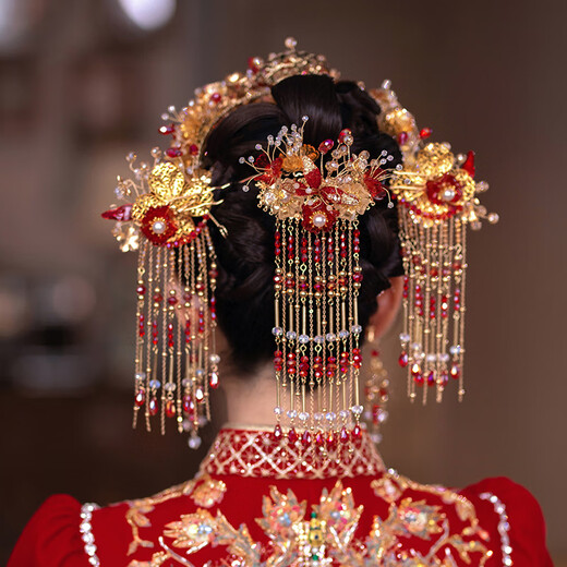 DR-FLVVS Fat Donglai's same style phoenix crown Xiamei headdress Chinese style bride Xiuhe 2024 new style atmospheric front and rear hair crown wedding eyebrow model phoenix crown suit + ear clip