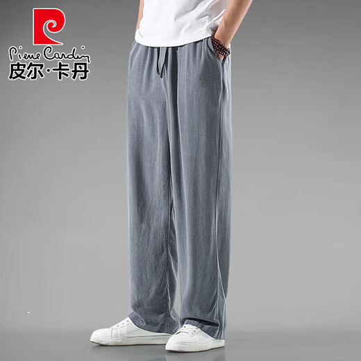 皮尔卡丹（pierre cardin）夏季中国风亚麻裤子男宽松大码休闲裤复古风透气直筒中式棉麻长裤 灰色束脚款 2XL