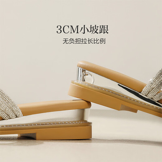 百丽（Belle）时尚夹脚人字拖女商场同款水钻休闲拖鞋3CQ30BT4预售 银色 37 (235mm)