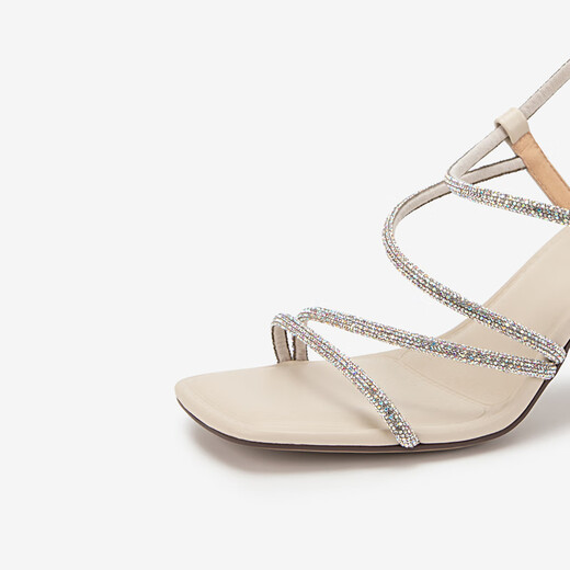 Qianbaidu [Serie Silent] Sandalias de moda con tacón de tacón para mujeres nuevas sandalias de moda de verano Silver/Beige 38