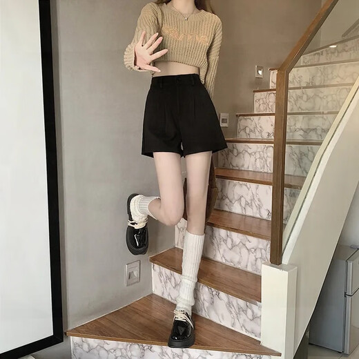 FOX.G black shorts for women for autumn and winter casual loose leggings showing long legs for girls women's commuter suit pants black button elastic waist woolen shorts without belt M recommended 100-115 Jin Jin equals 0.5 kg