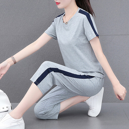 NY-EMMA运动套装女短袖夏季薄款高档洋气显瘦小个子休闲时尚跑步服两件套 683卡其（七分裤套装） 2XL(建议125-140斤)