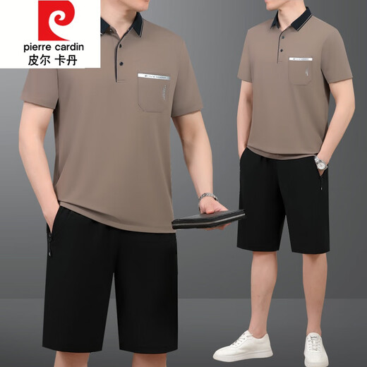 皮尔卡丹（pierre cardin）2024夏季新款中年男士爸爸父亲装冰丝短袖t恤短裤跑步运动服套装 691牛仔蓝 L建议【100斤-----120斤】体恤+