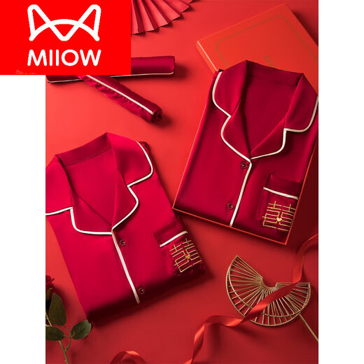 Cat Man (MiiOW) red wedding newlywed ice silk couple pajamas for women spring and autumn festive long-sleeved new home clothes men's boutique set 101 wine red long-sleeved trousers two sets 3XL women's size L size men's