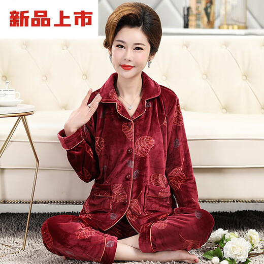 莫代尔中老年人妈妈珊瑚绒睡衣女秋冬季加厚保暖大码海岛绒法兰绒家居服 Y9227 XL