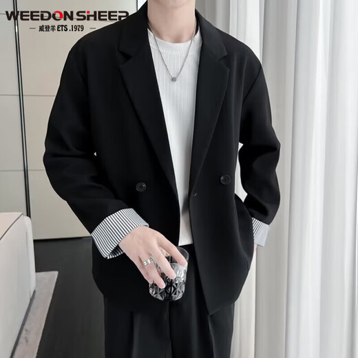 Vuitton sheep's spring new men's casual and versatile suit suit, fashionable top, loose suit jacket for men, black jacket + white long T + trousers, three pieces XL