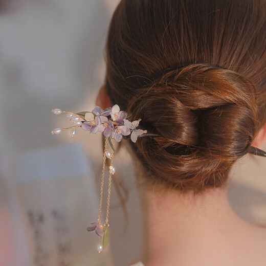 Bai Shilin Super Immortal Wisteria Flower Hairpin Simple Modern Wooden Hairpin Ancient Style Cheongsam Hanfu Accessories Original Design Wisteria Flower Hairpin