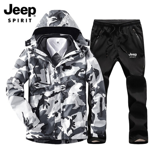 Jeep Spirit Jacket Мужская ветряная ветряная ветка установлена с тремя в одном съемном съемном наборе из двух частей теплый флисовый лайнер, костюм для камуфляжа (1203 черные + черные брюки) мужская куртка xl