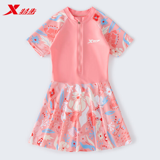 XTEP children's swimsuit girls new medium and large children's one-piece sun protection girl cute swimsuit hot spring swimming equipment pink flowers + cloth hat size 12 (recommended height 115-125cm)