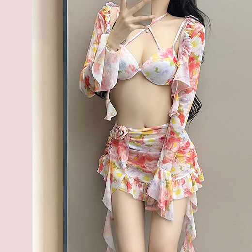 Lugeli bikini swimsuit for women 2024 new style seaside vacation four-piece set conservative high-end split swimsuit hot spring floral bikini XL recommended 110-135Jin Jin equals 0.5 kg