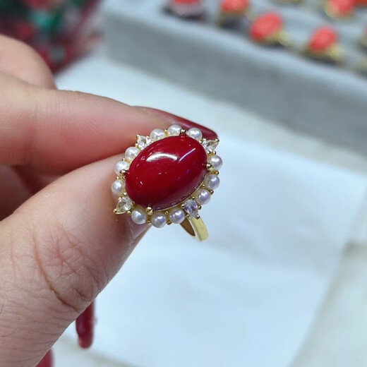 Sanskrit-made natural coral cabochon, simple and versatile ring, sterling silver inlaid with live mouth design, coral ring 99642