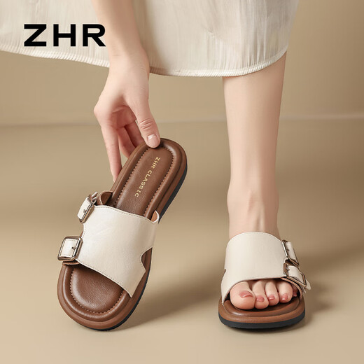 ZHR一字拖女夏季平底外穿拖鞋女复古沙滩休闲女鞋 JF260 米色  37 