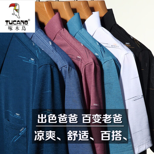 Woodpecker (TUCANO) mulberry silk short-sleeved T-shirt for men summer lapel polo t-shirt with pocket middle-aged and elderly ice. Silk half-sleeved daddy suit 753 tic toe [green] [short sleeve] 170/84A