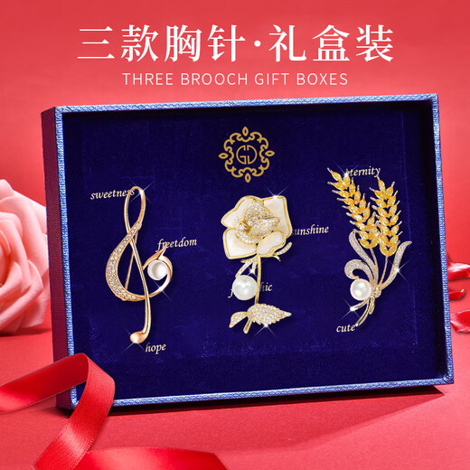 Ancient brooch, high-end women's exquisite niche corsage gift box, light luxury and elegant pin, silk scarf buckle birthday gift for women, practical temperament and fashionable brooch 3-piece set