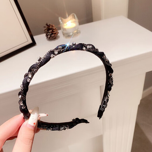 Hua She Shang black hairpin hairband for women retro French face wash without teeth anti-slip headband high-end spring and summer temperament headband sparkling diamond headband - black