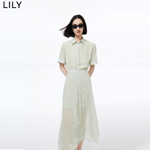 LILY夏新款女装设计感两穿时尚海鸥印花高腰连衣裙半裙 717卡其 S