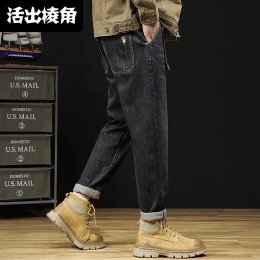 
Live out the angular American retro jeans men's large size fat man loose high elastic plus fat plus large size high waist Harlen small feet trousers black thin style LZM828 8XL /48 [280-300Jin [Jin equals 0.5 kg] wear]