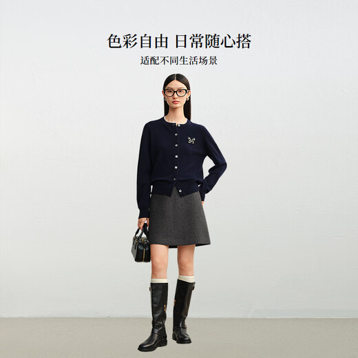 Disennis 2025 Winter New MIU College Style Wool Cardigan Temperament Round Neck Wool Sweater Women Navy M