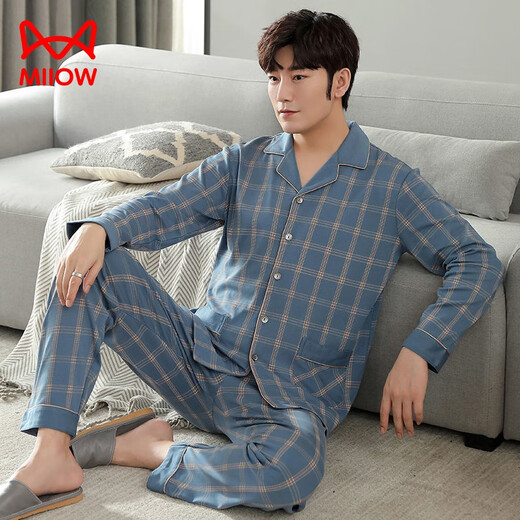 Chat man (miiow) hommes purs. Pajamas de coton à longues manches à manches à manches longues et en automne Le costume mince de grande taille peut être porté à l'extérieur pour les vêtements de maison pour hommes MZ-3523 L120-140Jin [Jin est égal à 0,5 kg]]]