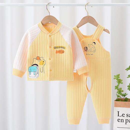 Xin Yueqing autumn and winter children's quilted thickened three-layer thermal underwear for boys and girls pure cotton suspenders thermal underwear set backpack bear blue suspender warm 90