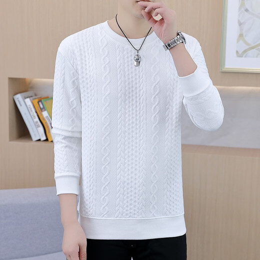 List of new spring and autumn sweatshirts for men, long-sleeved T-shirts, Korean style slim-fit bottoming shirts, trendy jacquard tops, white L (120Jin Jin is equal to 0.5kg -140Jin Jin is equal to 0.5kg)