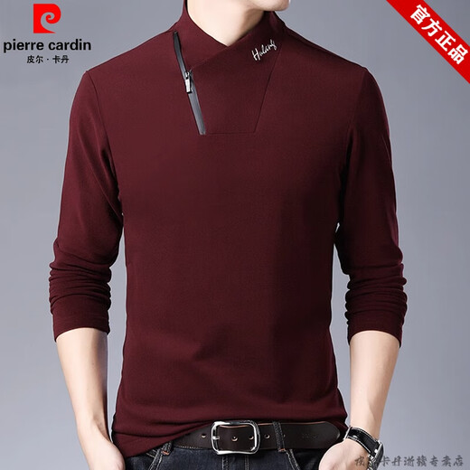 Pierre Cardin brand pure cotton long-sleeved sweatshirt men's half turtleneck T-shirt double-sided velvet autumn and winter new solid color slim bottoming shirt trendy HL-19819 black 175/XL