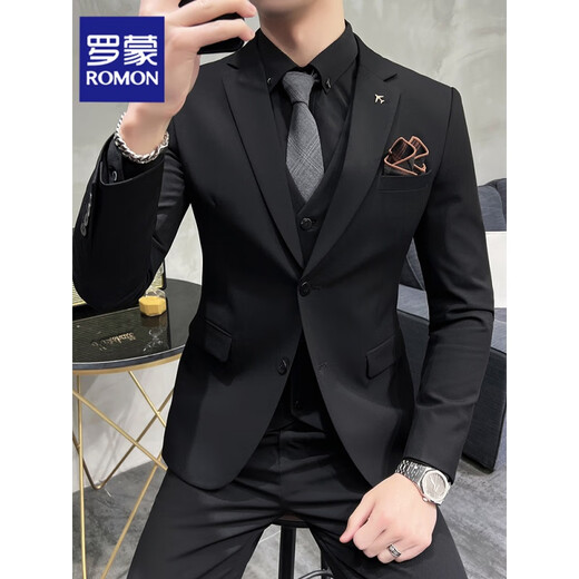 ROMON suit suit men's business professional suit three-piece formal wedding dress casual groom British style slim black two-button suit jacket free shirt tie + bra + brooch XL 123-134Jin Jin equals 0.5 kg to wear
