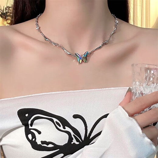 Cai Leia Gradient Butterfly Splicing Necklace Men's Trendy Niche y2k Hot Girl Clavicle Chain Men's and Women's Necklace Fashion Necklace Butterfly Splicing Necklace About 50cm