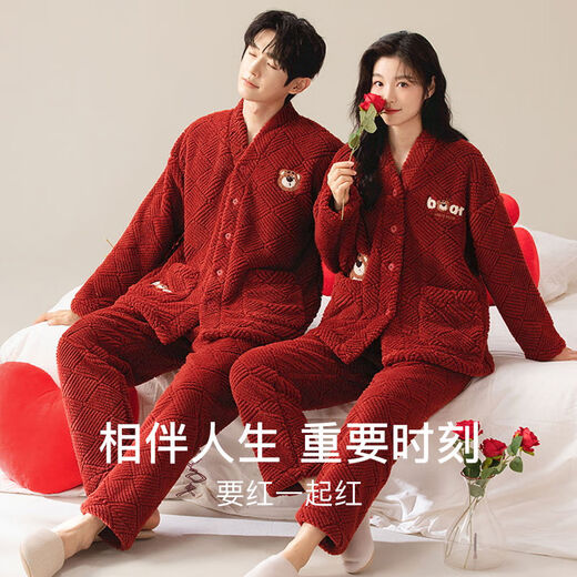 LangSha Couple Pajamas for Men and Women Winter Coral Velvet Big Red Newlywed Wedding Suit for the Year of the Zodiac Plus Velvet Home Clothes Heart to Heart Ms. M