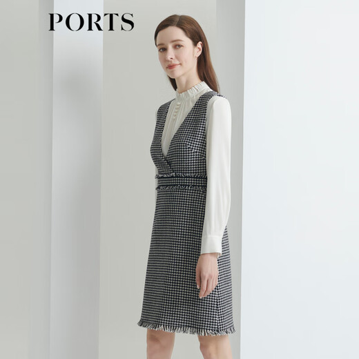 PORTS Women's Autumn and Winter New Slim Fit Waist Dress LL9D067LFF092 Black Mixed Color L (8)